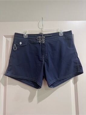 Birdwell Navy Swim Shorts with White Stitching and Red Logo Patch